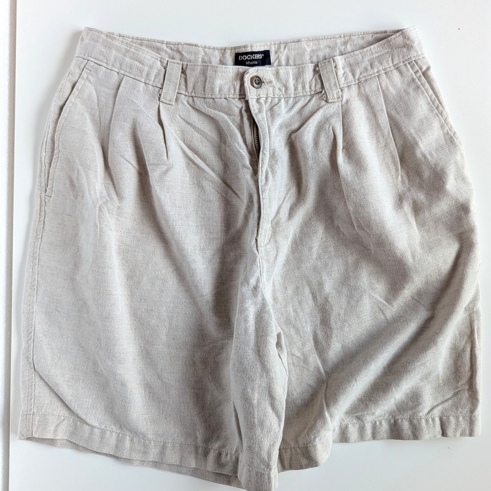 Dockers Khakis Mens 36 Linen Cotton Blend Pleated Shorts Beige Oatmeal Casual